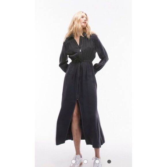 ASOS Topshop Sz 2 Dress Blue Long Sleeve Front Zip Utility Contrast Stitch NWT - Picture 1 of 12